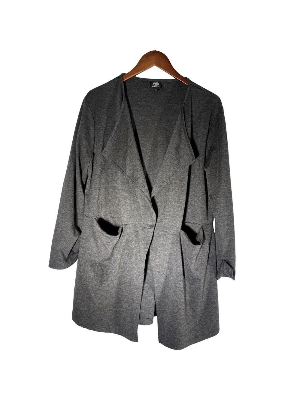 BOBEAU Women Cardigan Small Open Sweater Gray Mid Length Pockets Lagenlook Work